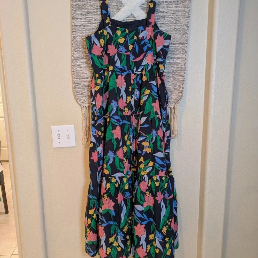 J. Crew Black Floral Midi Dress with Pink & Green Print